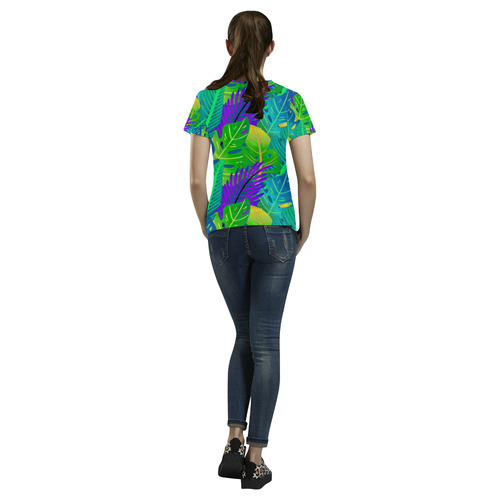 Indigo Green Orange Tropical Leaves Floral All Over Print T-Shirt for Women (USA Size) (Model T40)