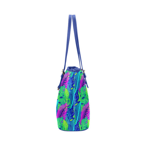 Green Blue Pink Tropical Leaves Pattern Leather Tote Bag/Small (Model 1651)