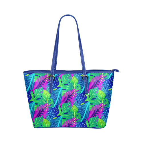 Green Blue Pink Tropical Leaves Pattern Leather Tote Bag/Small (Model 1651)