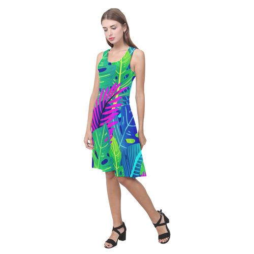 Green Blue Pink Tropical Leaves Pattern Atalanta Casual Sundress(Model D04)