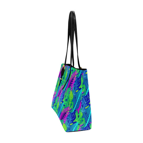 Green Blue Pink Tropical Leaves Pattern Euramerican Tote Bag/Large (Model 1656)