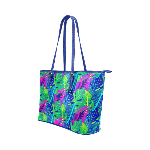 Green Blue Pink Tropical Leaves Pattern Leather Tote Bag/Small (Model 1651)