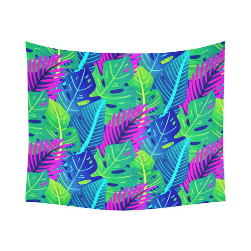 Green Blue Pink Tropical Leaves Pattern Cotton Linen Wall Tapestry 60"x 51"