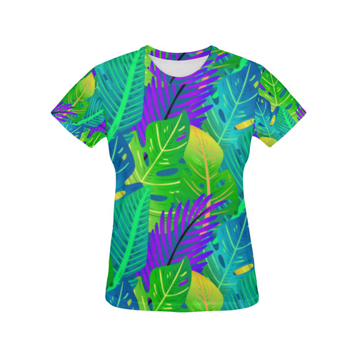 Indigo Green Orange Tropical Leaves Floral All Over Print T-Shirt for Women (USA Size) (Model T40)