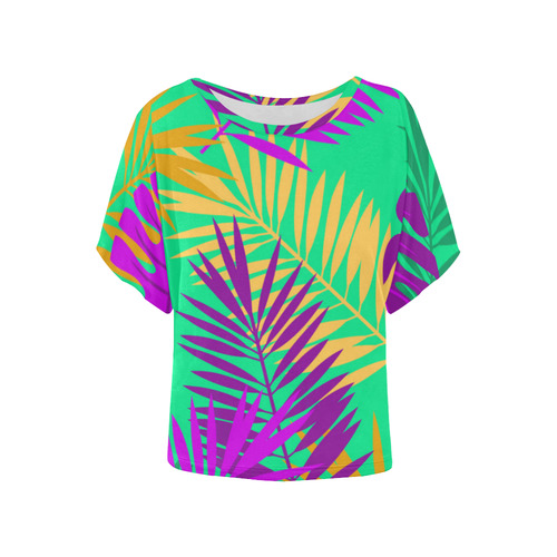 Hot Colors Tropical Leaves Floral Women's Batwing-Sleeved Blouse T shirt (Model T44)