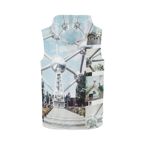 Vintage Brussels Atomium Collage All Over Print Sleeveless Zip Up Hoodie for Men (Model H16)