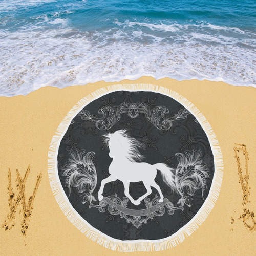 Horse, black and white Circular Beach Shawl 59"x 59"