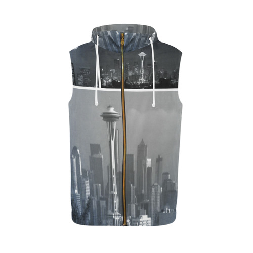 Grey Seattle Space Needle Collage All Over Print Sleeveless Zip Up Hoodie for Men (Model H16)