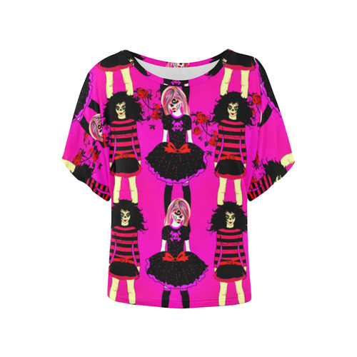 Day of the dead sugarskull friends - pink Women's Batwing-Sleeved Blouse T shirt (Model T44)