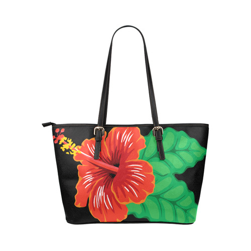 Red Hibiscus Floral Tropical Leather Tote Bag/Large (Model 1651)