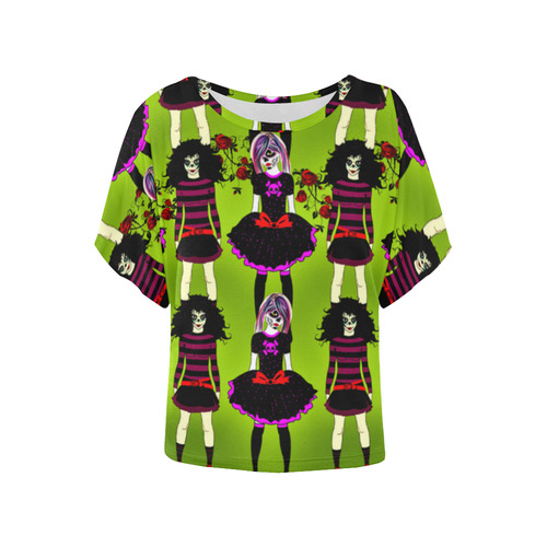 Day of the dead sugarskull friends - green Women's Batwing-Sleeved Blouse T shirt (Model T44)