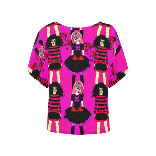 Day of the dead sugarskull friends - pink Women's Batwing-Sleeved Blouse T shirt (Model T44)