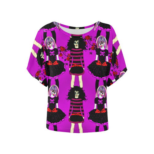 Day of the dead sugarskull friends - purple Women's Batwing-Sleeved Blouse T shirt (Model T44)