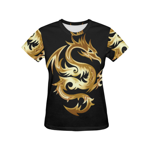 Tribal Tattoo Gold Dragon All Over Print T-Shirt for Women (USA Size) (Model T40)