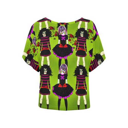 Day of the dead sugarskull friends - green Women's Batwing-Sleeved Blouse T shirt (Model T44)