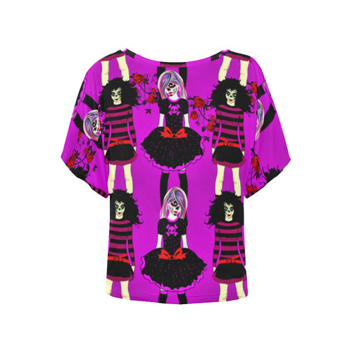 Day of the dead sugarskull friends - purple Women's Batwing-Sleeved Blouse T shirt (Model T44)