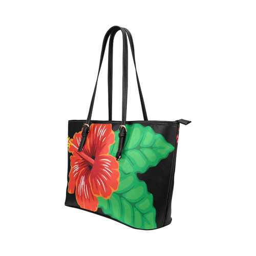 Red Hibiscus Floral Tropical Leather Tote Bag/Large (Model 1651)