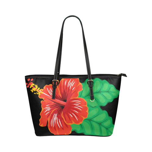 Red Hibiscus Floral Tropical Leather Tote Bag/Large (Model 1651)