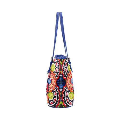Red Blue Yellow Abstract Floral Mandala Leather Tote Bag/Large (Model 1651)