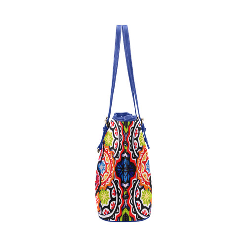 Red Blue Yellow Abstract Floral Mandala Leather Tote Bag/Small (Model 1651)