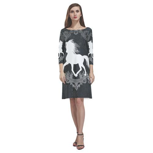 Horse, black and white Rhea Loose Round Neck Dress(Model D22)