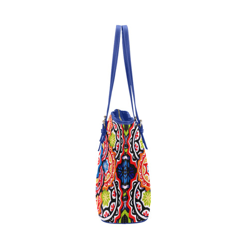 Red Blue Yellow Abstract Floral Mandala Leather Tote Bag/Large (Model 1651)