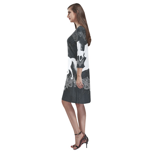 Horse, black and white Rhea Loose Round Neck Dress(Model D22)