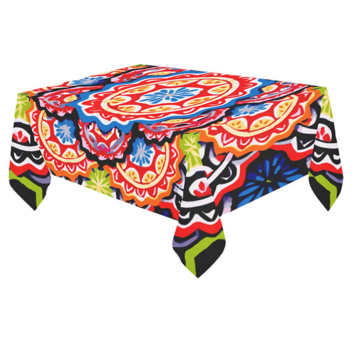Red Blue Yellow Abstract Floral Mandala Cotton Linen Tablecloth 60"x 84"