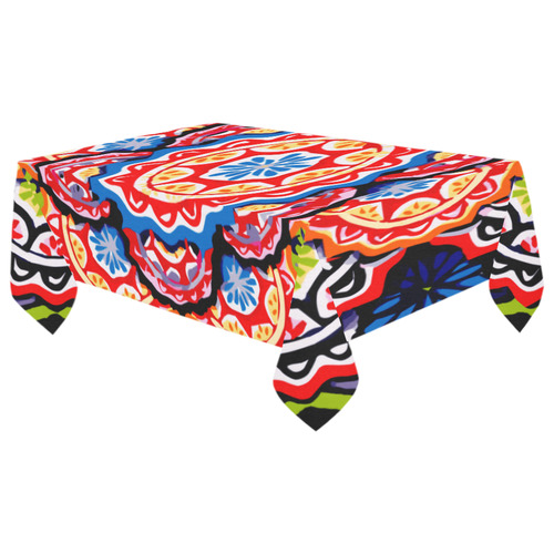 Red Blue Yellow Abstract Floral Mandala Cotton Linen Tablecloth 60"x 104"