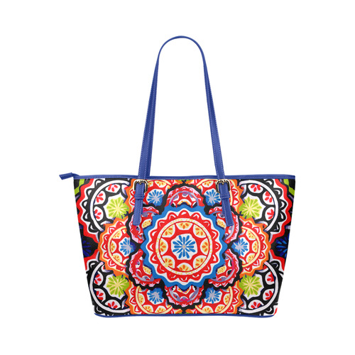 Red Blue Yellow Abstract Floral Mandala Leather Tote Bag/Large (Model 1651)