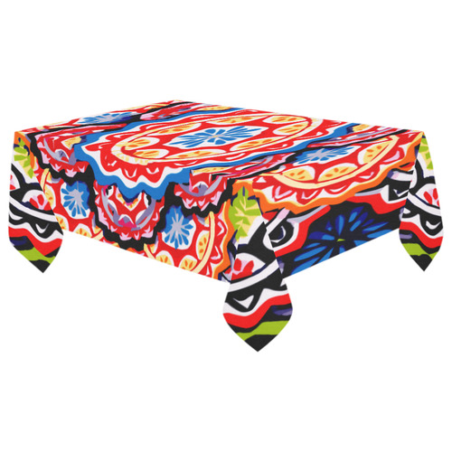 Red Blue Yellow Abstract Floral Mandala Cotton Linen Tablecloth 60"x 104"