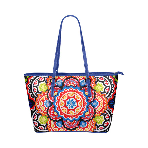 Red Blue Yellow Abstract Floral Mandala Leather Tote Bag/Small (Model 1651)