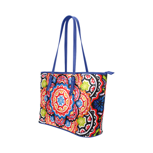 Red Blue Yellow Abstract Floral Mandala Leather Tote Bag/Small (Model 1651)