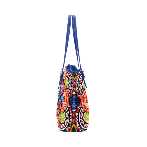 Red Blue Yellow Abstract Floral Mandala Leather Tote Bag/Small (Model 1651)