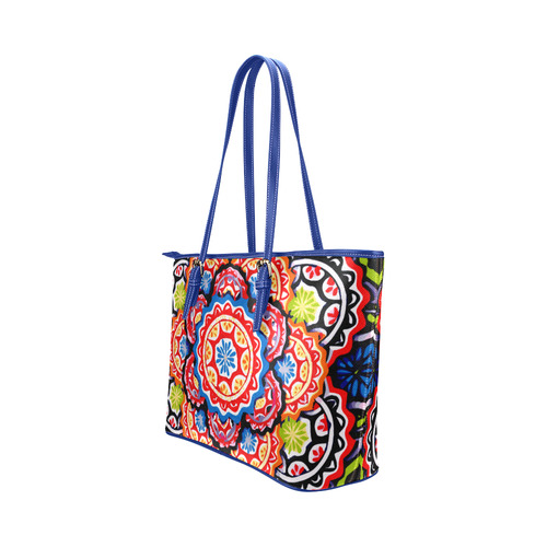 Red Blue Yellow Abstract Floral Mandala Leather Tote Bag/Large (Model 1651)