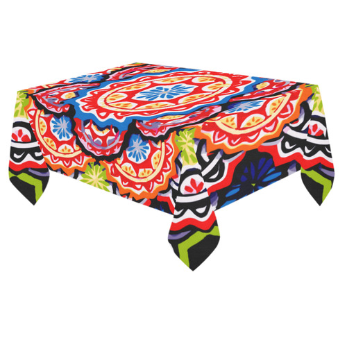 Red Blue Yellow Abstract Floral Mandala Cotton Linen Tablecloth 60"x 84"