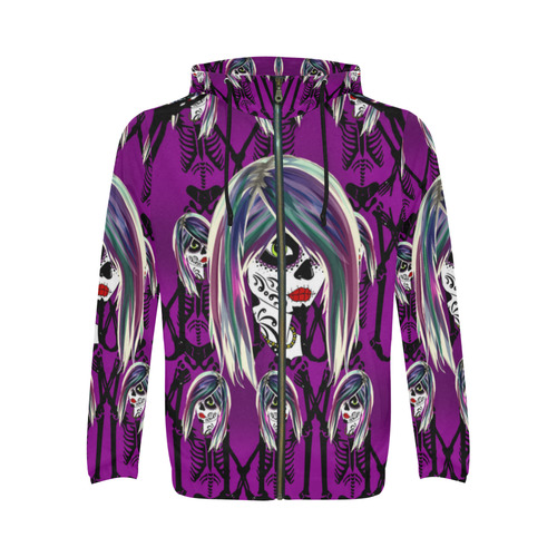 Dancing day of the dead sugarskull in purple All Over Print Full Zip Hoodie for Men (Model H14)