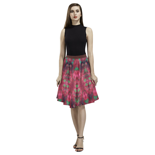 Green pink mandala Melete Pleated Midi Skirt (Model D15)