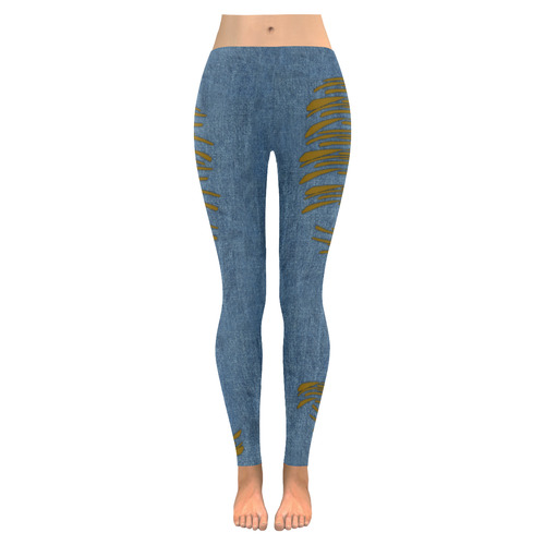 Halloween Torn Look Denim Jeans - Dark Skin Women's Low Rise Leggings (Invisible Stitch) (Model L05)