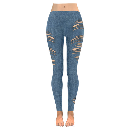 Halloween Torn Look Denim Jeans Women's Low Rise Leggings (Invisible Stitch) (Model L05)