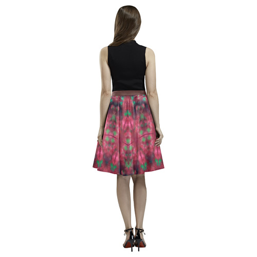 Green pink mandala Melete Pleated Midi Skirt (Model D15)