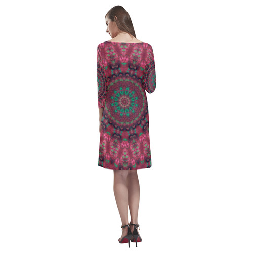 Green pink mandala Rhea Loose Round Neck Dress(Model D22)