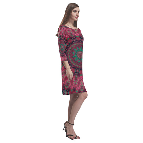 Green pink mandala Rhea Loose Round Neck Dress(Model D22)