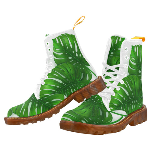 Glossy Green Monstera Leaves Martin Boots For Women Model 1203H