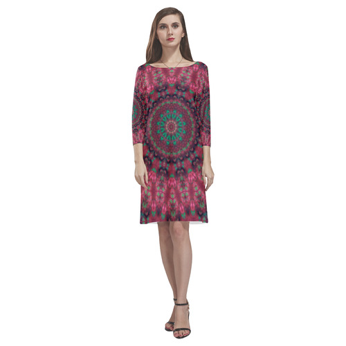 Green pink mandala Rhea Loose Round Neck Dress(Model D22)