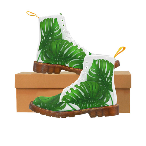 Glossy Green Monstera Leaves Martin Boots For Women Model 1203H