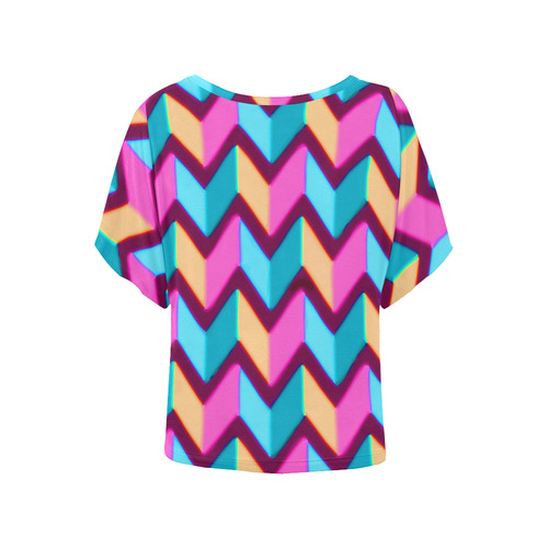 Blue Pink Gold Geometric Pattern Women's Batwing-Sleeved Blouse T shirt (Model T44)