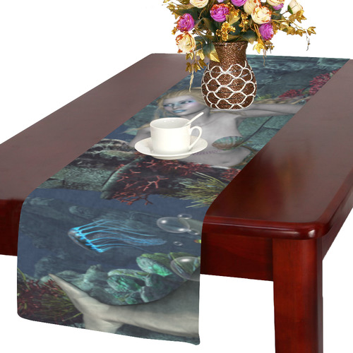 Beautiful mermaid swimming with dolphin Table Runner 14x72 inch