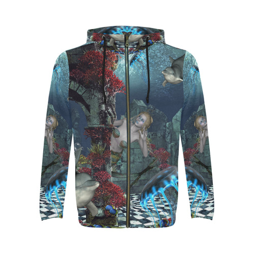Beautiful mermaid swimming with dolphin All Over Print Full Zip Hoodie for Men (Model H14)