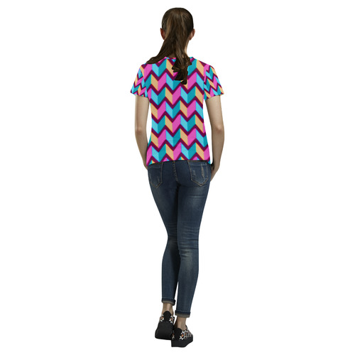 Blue Pink Gold Geometric Pattern All Over Print T-Shirt for Women (USA Size) (Model T40)